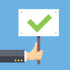Aufkleber - Hands holds sign with green tick. Satisfaction, acceptance. Flat vector illustration