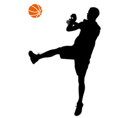 Black silhouettes of men playing basketball on a white backgroun