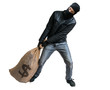 Thief or robber is pulling loot - heavy bag full of money. Isolated on white.