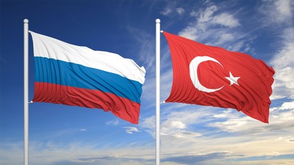 Wall Mural - Turkish and Russian flags against of blue sky