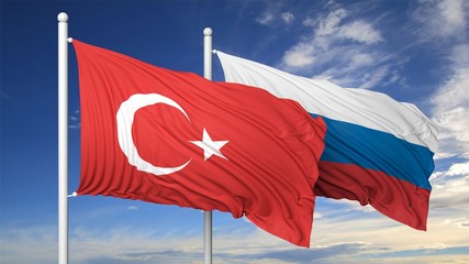 Wall Mural - Two Turkish and Russian flags against of blue sky