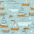 Kids vector seamless pattern with ships, frigate and steamship