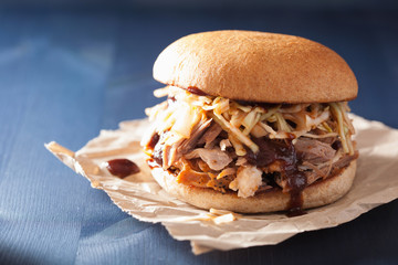 Wall Mural - homemade pulled pork burger with coleslaw and bbq sauce