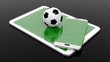 © viperagp - Soccer field with ball on smartphone edge and tablet display, isolated on black.
