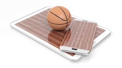 Wall Mural - Basketball field with ball on smartphone edge and tablet display, isolated on white.