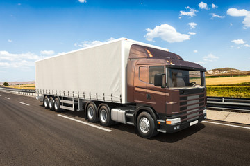 Wall Mural - 3D design semi-trailer truck on a landscape background