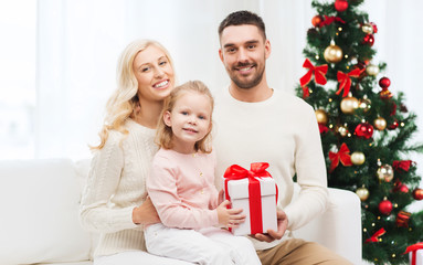 Canvas Print - happy family at home with christmas gift box