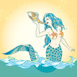 Mythological mermaid or water nymph with horn in hand on the background with ornate waves. The series of mythological creatures