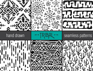 Wall Mural - Set of six hand drawn tribal seamless black and white patterns.