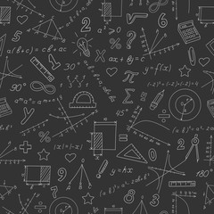 Wall Mural - Seamless background with formulas and charts on the topic of mathematics and education, white marker on black background
