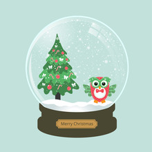 Christmas Snow Globe With Owl And Fir-tree