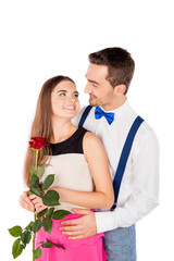 Poster - cheerful cute couple in love with a rose