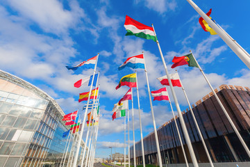 europäische flaggen auf dem kirchberg in luxemburg
