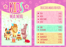 Kids Meal Menu With Animal Characters. Vector Template Brochure
