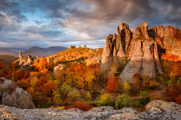 Wall Mural - belogradchik rocks. magnificent morning view of the belogradchik rocks in bulgaria, lit by the autum