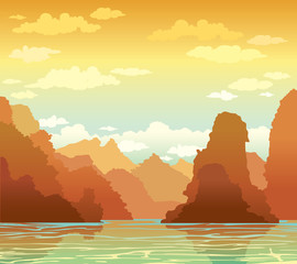 silhouette of limestone rocks and sea bay on sunset sky.