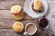 British scones with jam and tea close-up. Horizontal top view
