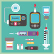 Diabetes Treatment Flat Icon Set - Insulin Pump, Glucose Meter, Syringe, Vial, Injection Pen, Test Strips, Blood Lancets