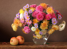 Still Life With A Bouquet Of  Chrysanthemums And Apples.
