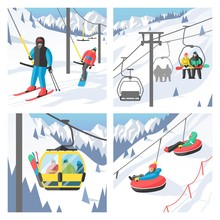 Snowboarder Sitting In Ski Gondola And Lift Elevators. Winter Sport Resort Background