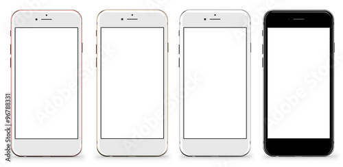 Poster Set of four smartphones gold, rose, silver and black - blank screen and isolated on white background, high resolution, deitailed render