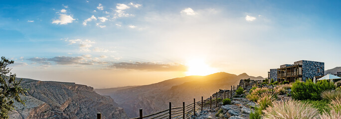 Wall Mural - Ridge view of Jabal Akhdar in Al Hajar Mountains, Oman at sunset. This place is 2000 meters above sea level.