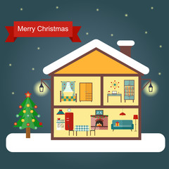 Interior of the house with a fireplace, Christmas tree, gifts, decorations. Vector flat illustration