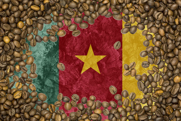 Flag of Cameroon under a roasted coffee beans background texture