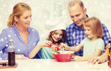 Poster - happy family with two kids making salad at home