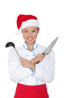 smiling asian chef in christmas cap with container