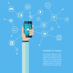 Poster - Internet of things concept with human hand holding smartphone. Vector illustration.