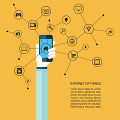 Poster - Internet of things concept with human hand holding smartphone and black icons. Vector illustration.