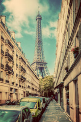 Wall Mural - Eiffel Tower seen from the street in Paris, France. Vintage