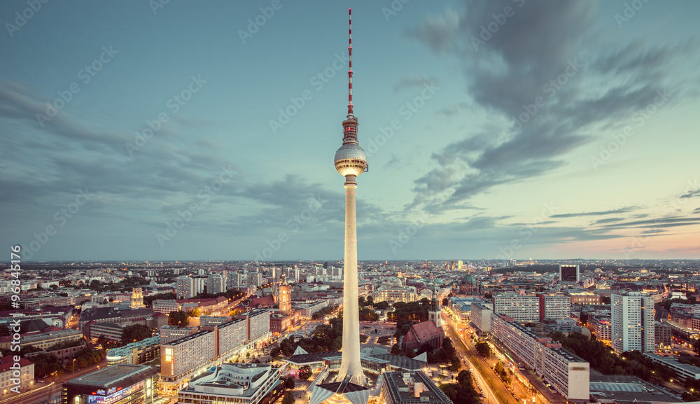Berlin skyline with TV tower at twilight with retro vintage filter effect, Germany - obrazy, fototapety, plakaty 