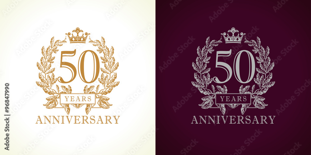 50 anniversary luxury logo. Template logo 50th royal anniversary with a frame in the form of laurel branches and the number fifty. - obrazy, fototapety, plakaty 