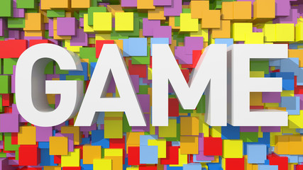 Poster - Extruded Game text with blue abstract backround filled with cube