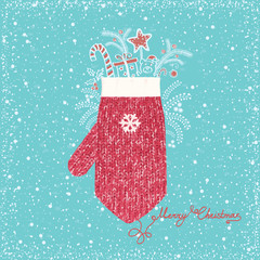 Wall Mural - Christmas greeting card with knetted mitten.Vector snow backgrou