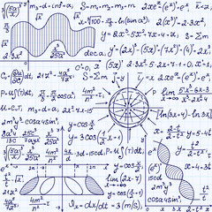 Math vector seamless pattern with science drawings, tasks solutions, plots, figures, formulas, 