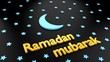 Congratulations to the Muslims with the holy month of Ramadan good deeds. on a black background sifoliziruyuschem depicts stars and crescent moon and golden text greetings Ramadan Mubarak.