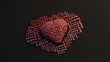 On the black background there is a lot of red glossy hearts that form one big heart, which is surrounded by a variety of 3D text word - love.