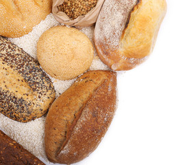 Poster - Composition of mixed breads and grains on white background