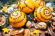 dried oranges and oranges with cloves. Christmas decorations