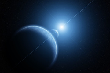 Wall Mural - planet earth with moon and rising sun