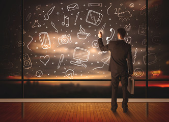 Wall Mural - Drawing businessman with social media icon background