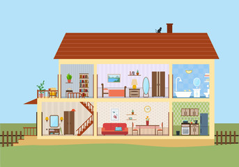 Poster - House in cut. Detailed modern house interior.