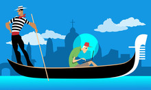 Tourist Working On His Laptop While Riding A Gondola In Venice, EPS 8 Vector Illustration, No Transparencies