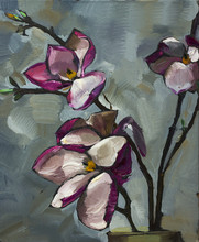 Oil Painting Still Life With  Purple  Magnolia Flowers On  Canvas With  Texture  In The Grayscale