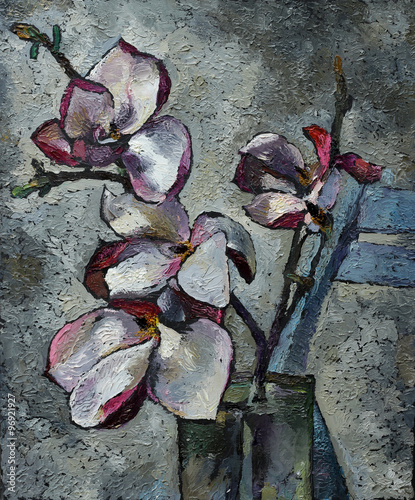 Fototapeta na wymiar Oil painting still life with purple magnolia flowers On Canvas with texture in the grayscale