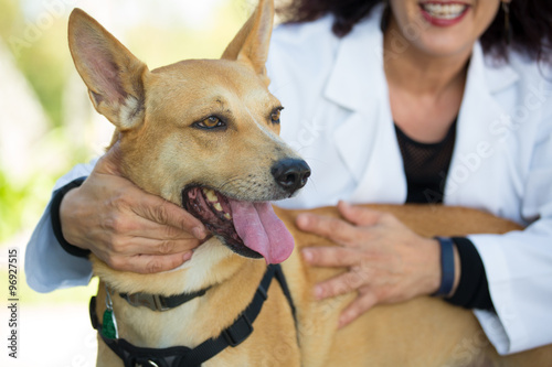Fényképezés Closeup portrait, sweet moments healthcare professional in white lab coat with d