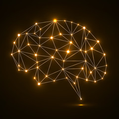 Wall Mural - Abstract polygonal brain with glowing dots and lines, network connections. Vector illustration. Eps 10